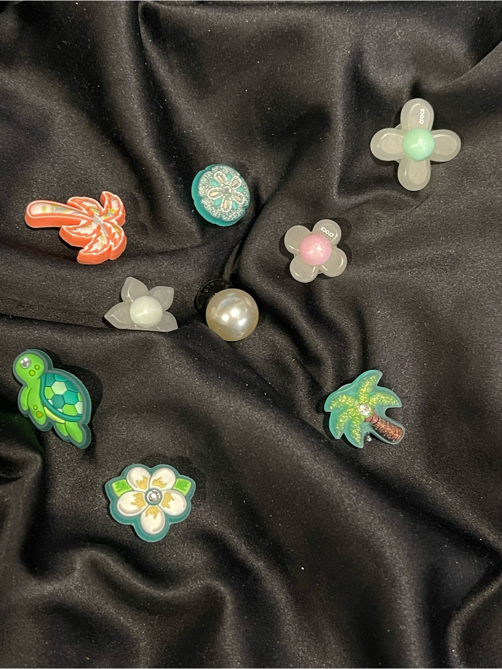 CROCS Jibbitz Charm Lot (9) with Green Turtle, Palm Tree, Flowers and Pearl